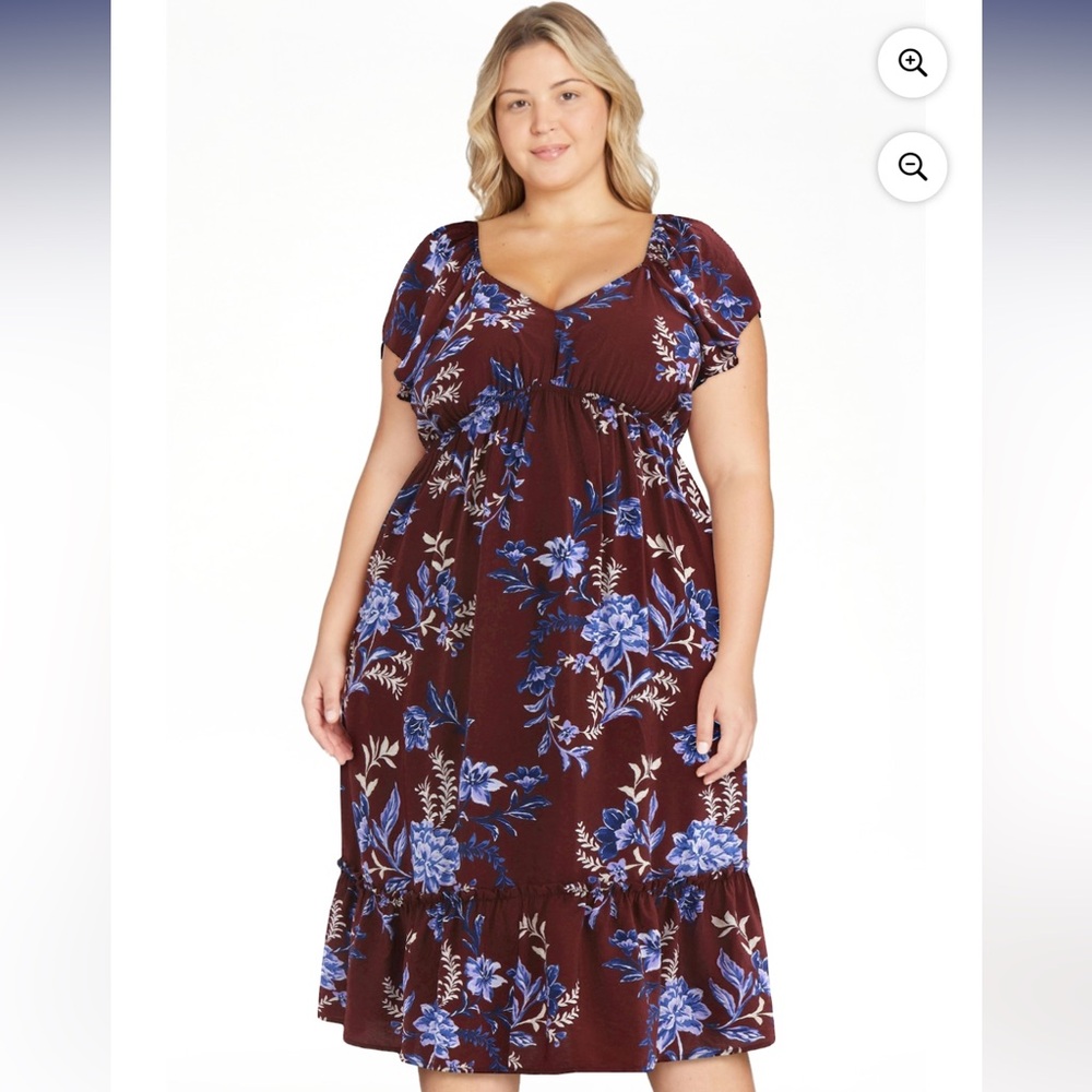Plus size Terra & Sky Burgundy and Blue Floral Midi Dress